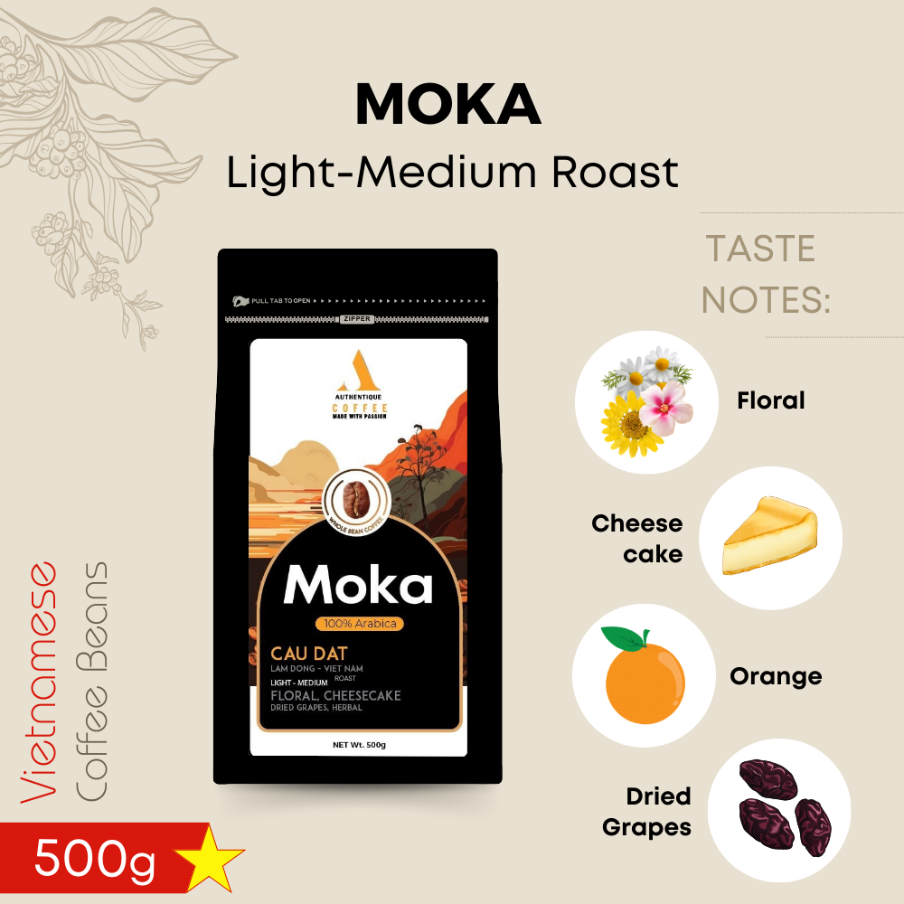 โมก้าแท้คั่วอ่อน-ปานกลาง (อาราบิก้า 100%) 500g